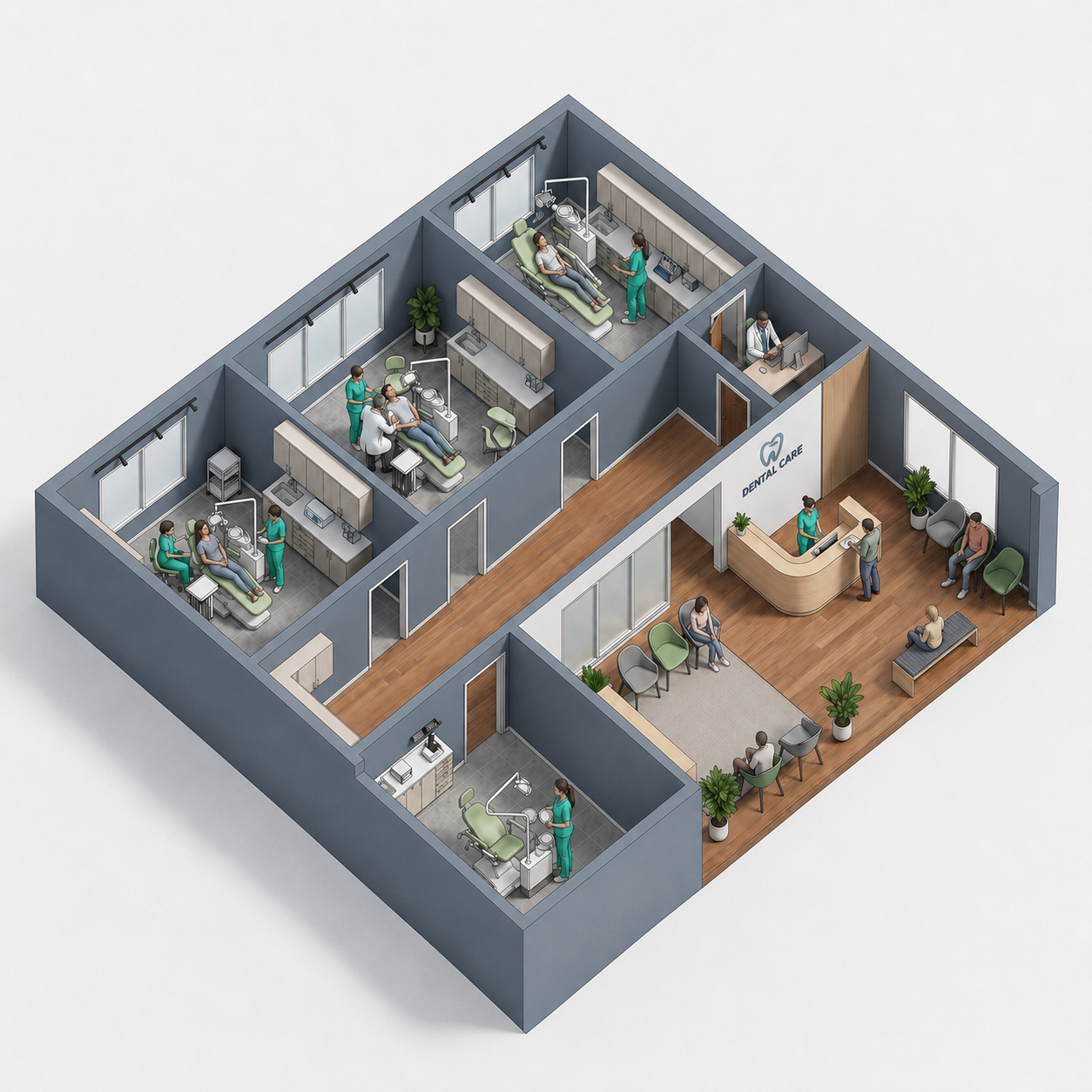Isometric 3D floor plan of a dental office with clickable rooms