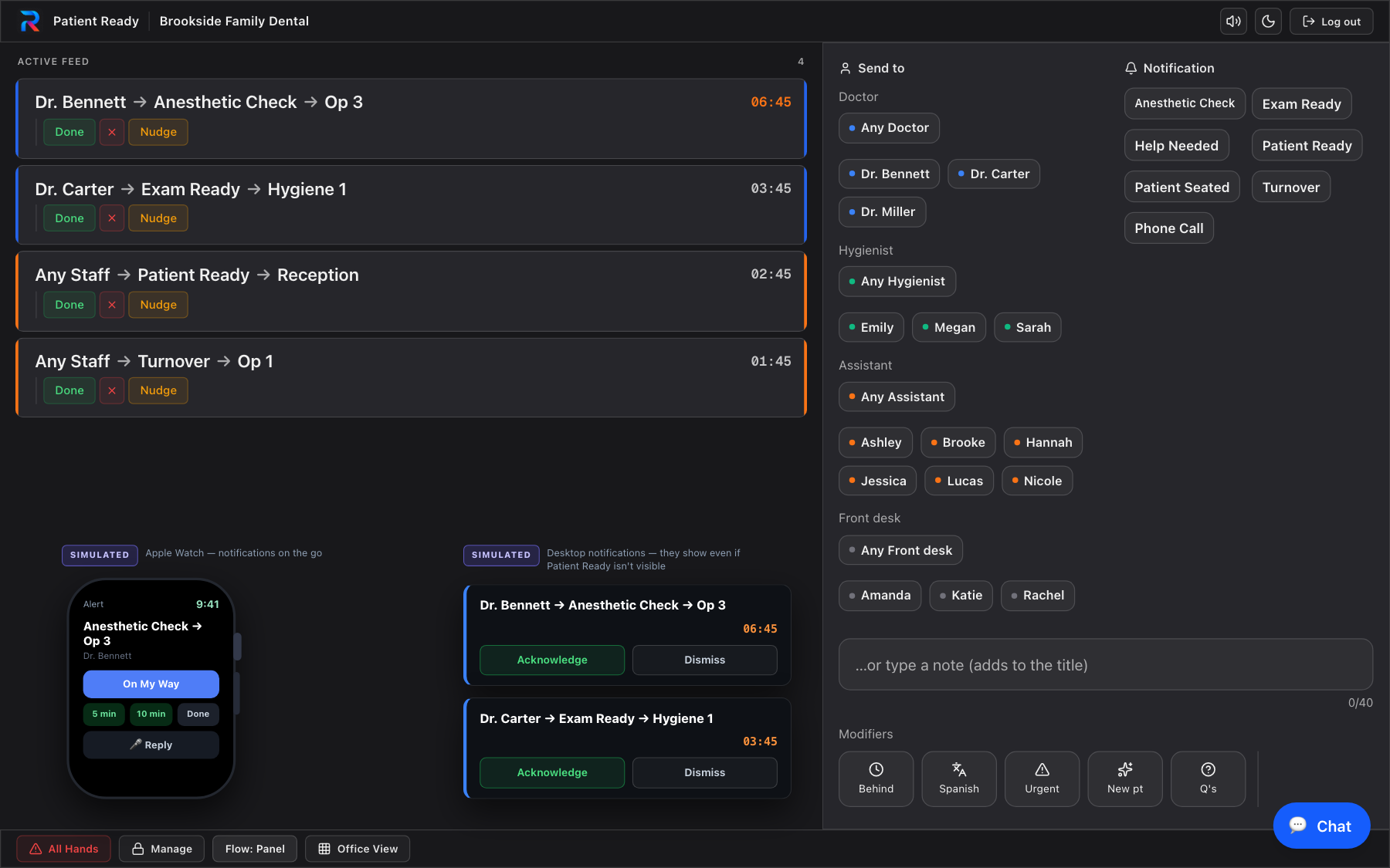 Patient Ready running a morning: the live feed and send panel with Any-role options, plus SIMULATED-labeled examples of an Apple Watch notification and desktop notification cards showing where each notification lands